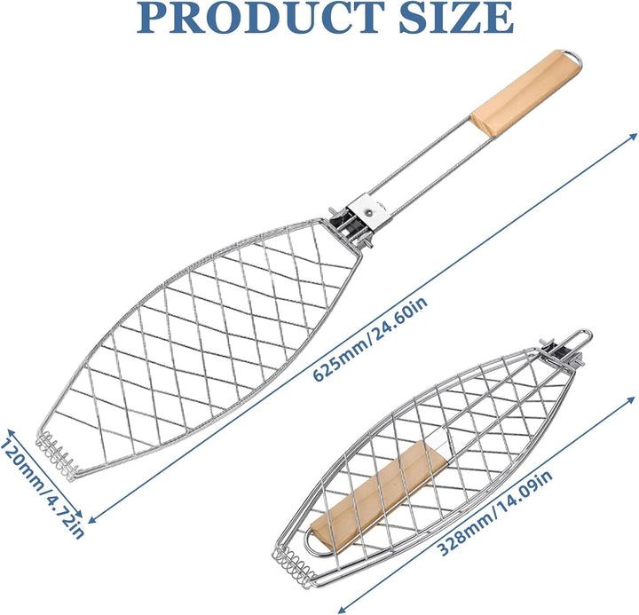 Fisch Grillhalter mit Holzgriff 4er, 63x12cm Grosse Fischbräter Fischgriller mit Griff, Edelstahl Gr
