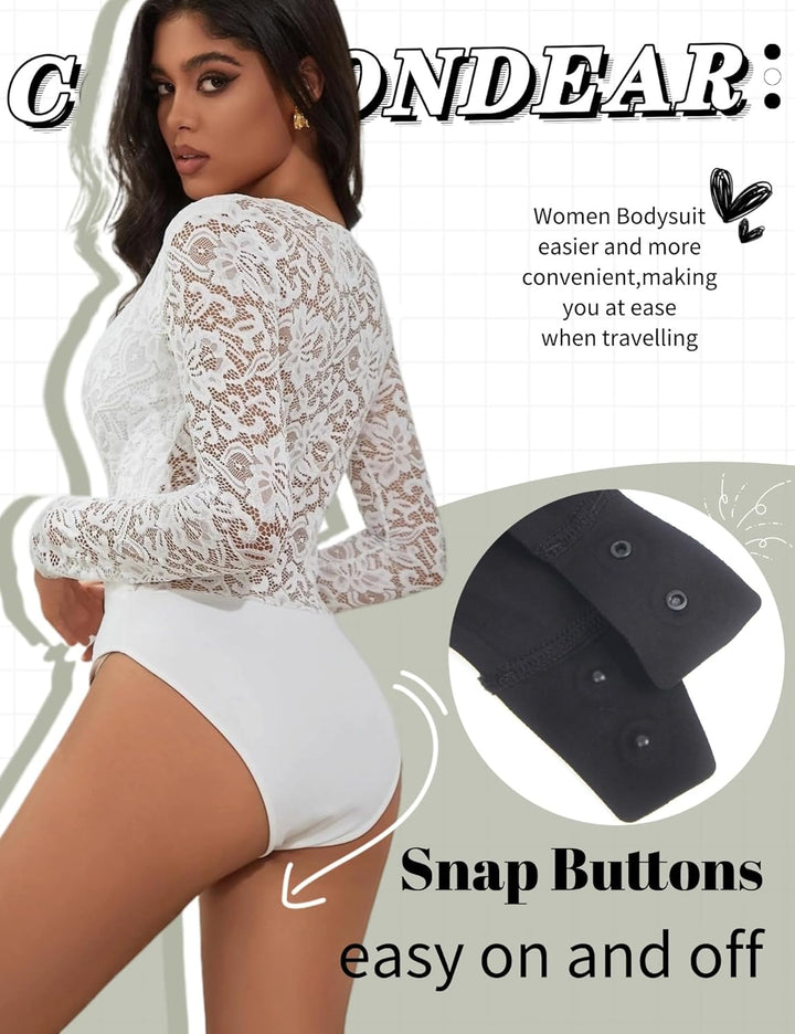 comeondear Sexy Body für Damen Grosse Grössen Langarm Oberteile Spitze V-Ausschnitt Overall Bodysuit