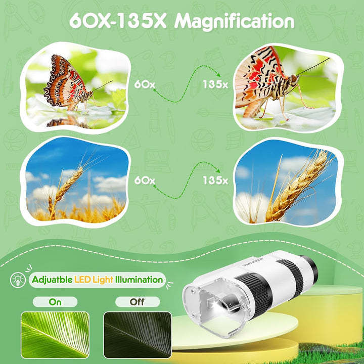 USCAMEL Taschenmikroskop für Kinder und Erwachsene - 60x-135x Mini-Mikroskop, Tragbares Handmikrosko