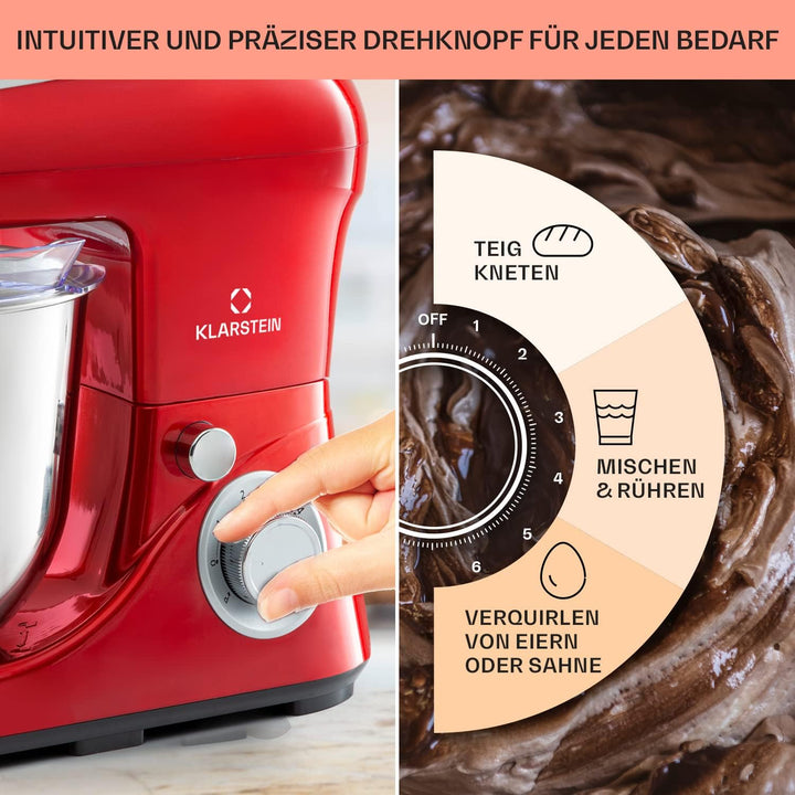 Klarstein Bella Küchenmaschine - Knetmaschine mit 6 Geschwindigkeitsstufen, Rührmaschne aus Edelstah