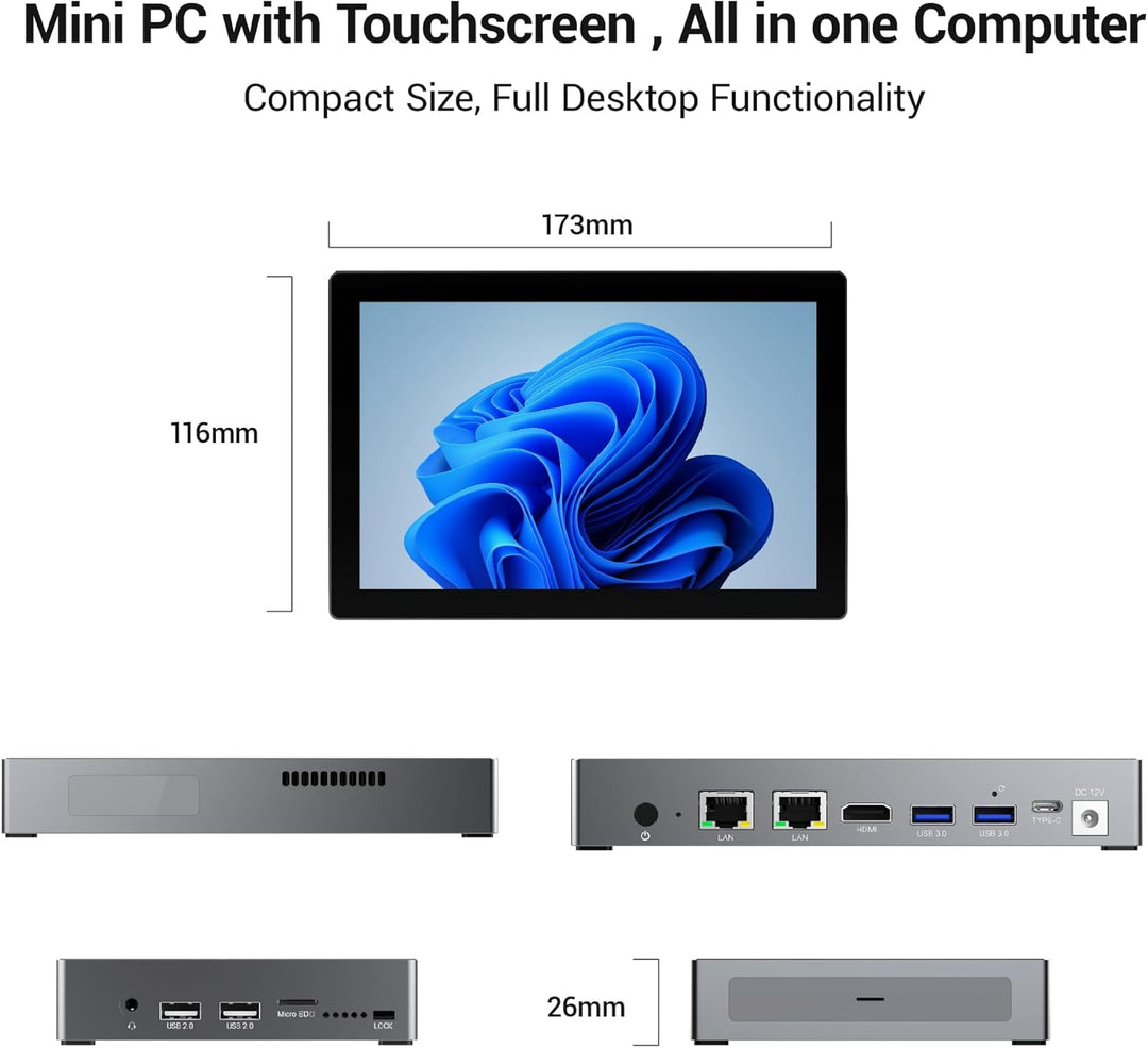 Mini PC Win 11 Pro, 12 Gen N100 (3,4 GHz), 7 Zoll Bildschirm 8GB RAM 128GB eMMC mit Akku, USB-C Mini