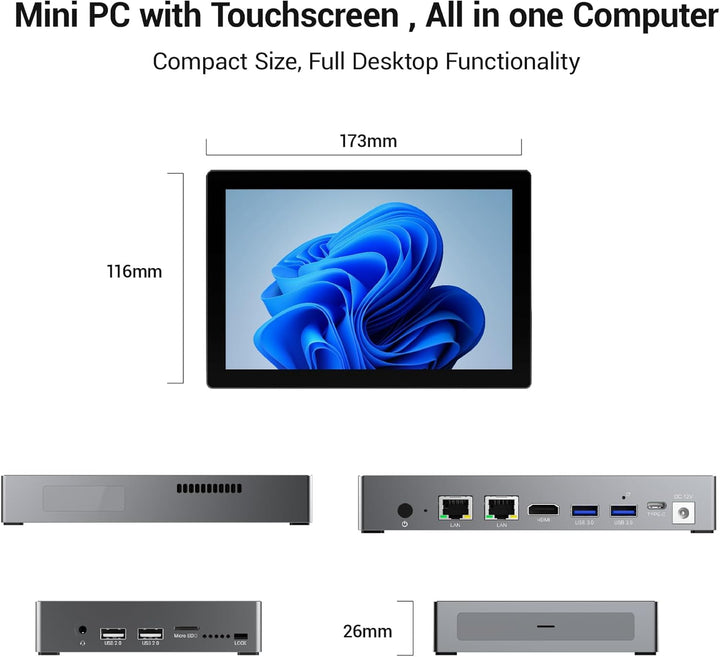 Mini PC Win 11 Pro, 12 Gen N100 (3,4 GHz), 7 Zoll Bildschirm 8GB RAM 128GB eMMC mit Akku, USB-C Mini