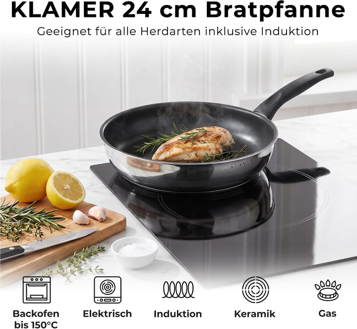 KLAMER Pfanne 24 cm, Profi Edelstahl-Bratpfanne, Induktionspfanne mit Premium Beschichtung, Pfanne 2