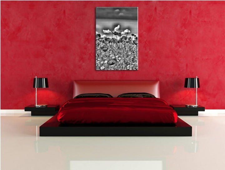 Monocrome, Mohnwiese, Format: 100x70 auf Leinwand, XXL riesige Bilder fertig gerahmt mit Keilrahmen,