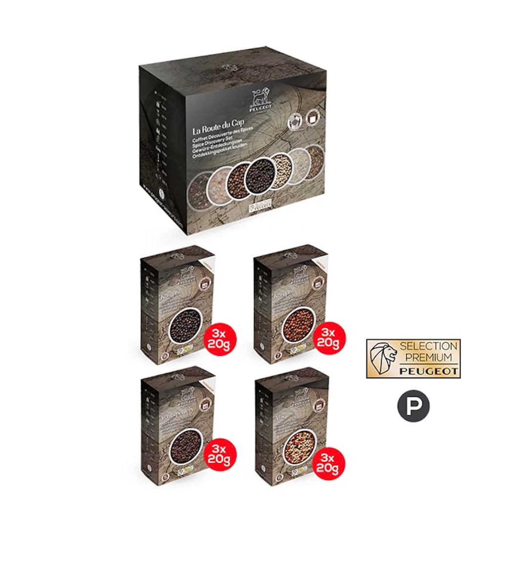 PEUGEOT Premium-Pfeffer-Multipack - Kampot Black & Red, Voatsiperifery, Fresh Blend - Herkunft: Kamb