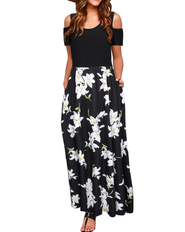 STYLEWORD Sommerkleid Damen Lang Maxikleid Sommer Elegant Freizeitkleid Kurzarm Kleider mit Taschen