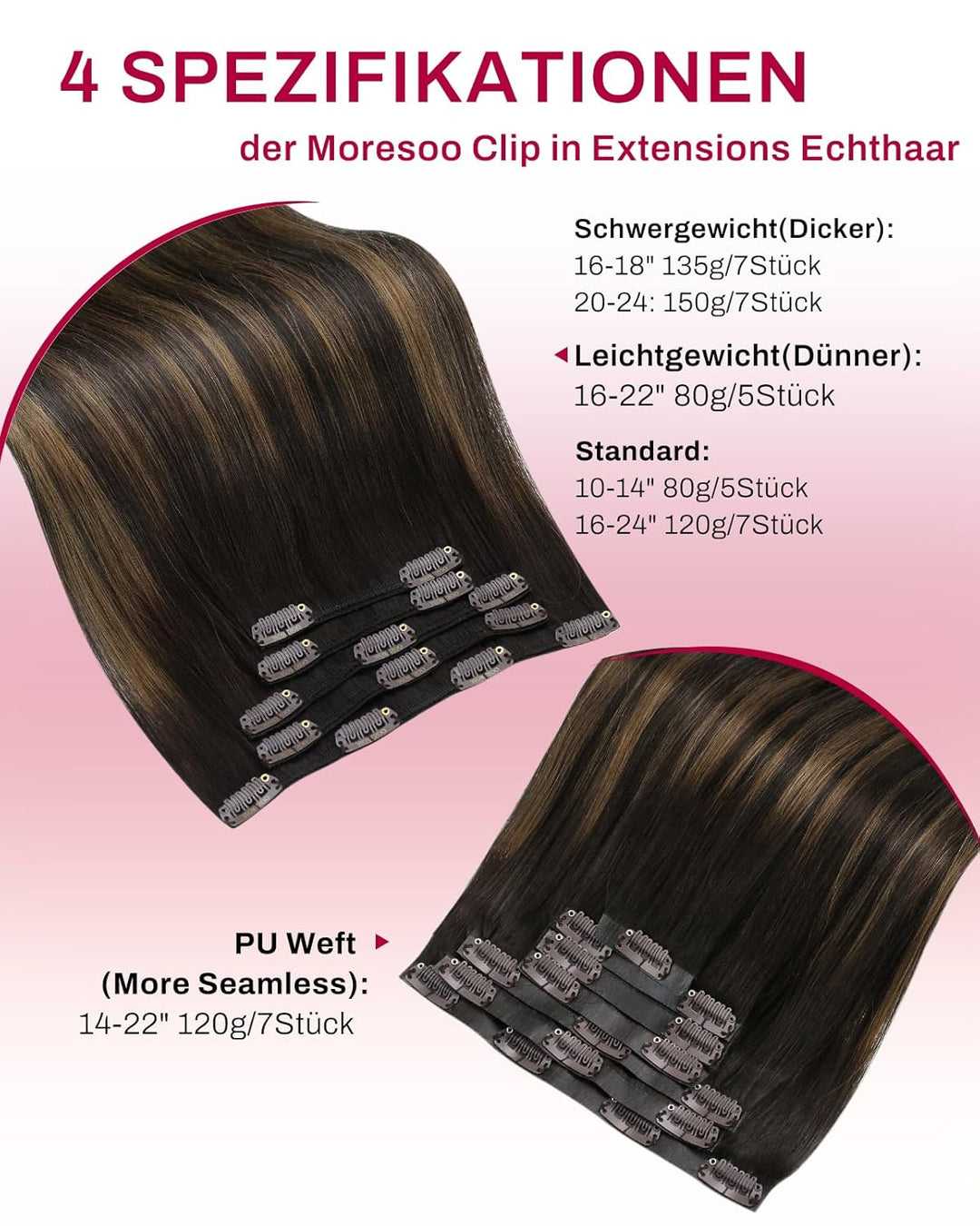 Moresoo Echthaar Extensions Clip Balayage Remy Clip in Extensions Echthaar Ombre Dunkelstes Braun mi