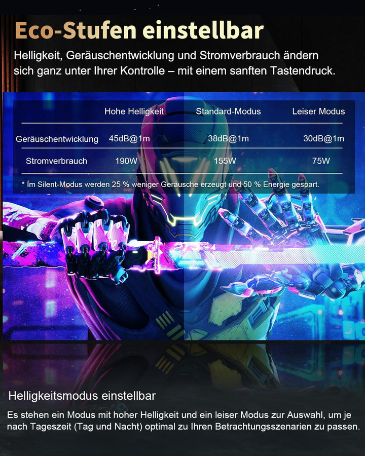 Projektor, Dess 4K-Projektor mit WLAN und Bluetooth, 1080 P nativ, Laser mit Autofokus-Keystone, für