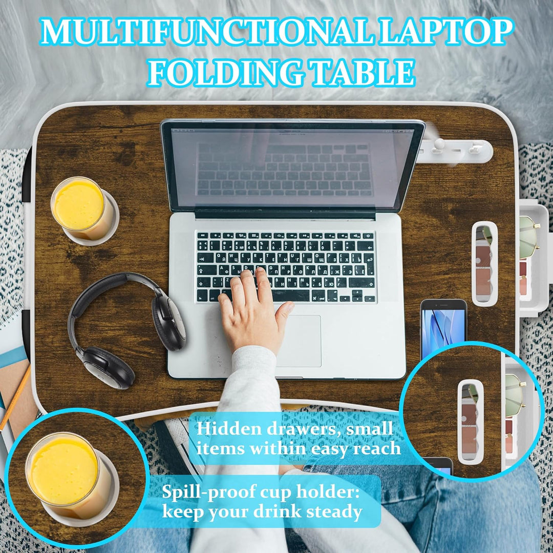 Soontrans Laptoptisch 60x40x28 cm, Laptop Tisch mit Schublade, Getränkehalter, Tablethalter, Griff,