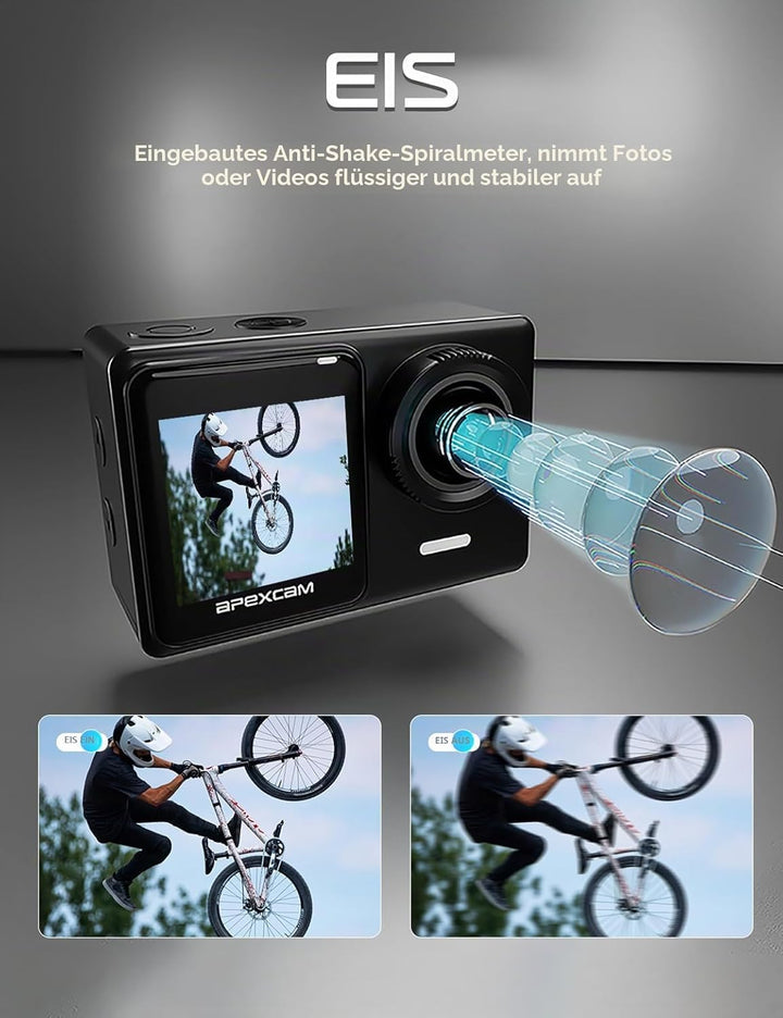 Apexcam 4K 30FPS 20MP Action Cam Dualscreen Touchscreen 40M wasserdichte Unterwasserkamera EIS Stabi