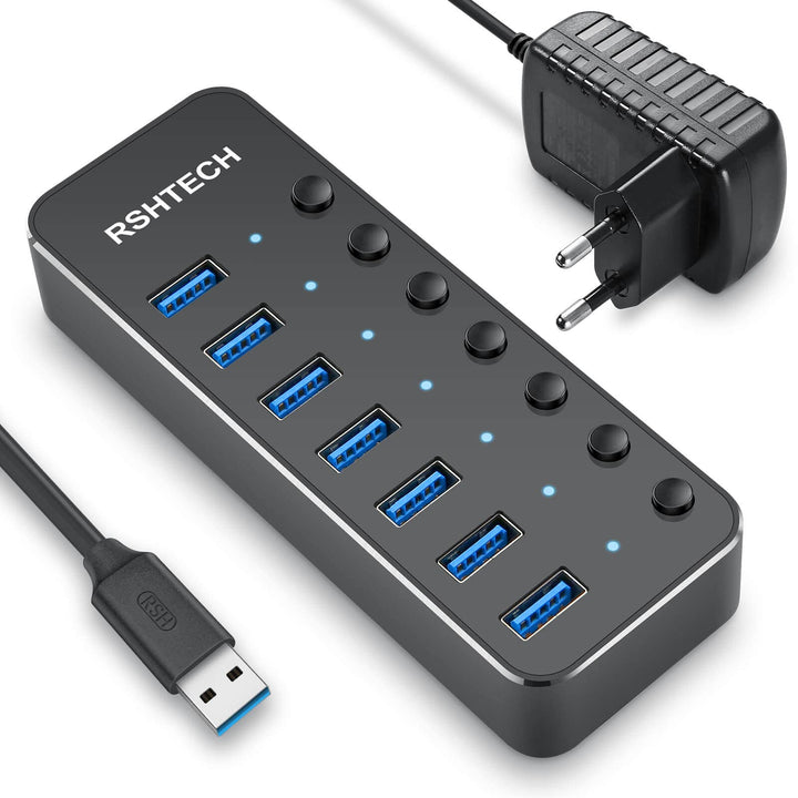 RSHTECH USB Hub Aktiv 3.0 mit Netzteil, Aluminium 7-Ports USB 3.0 Hub, USB 3.0 Port Verteiler für Da