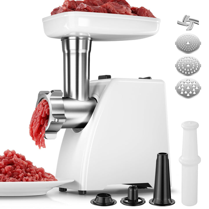 AMZCHEF Fleischwolf Elektrisch für Zuhause - mit 3 Platten, Wurstfüller & Kubbe-Kit | Ideal für Hack