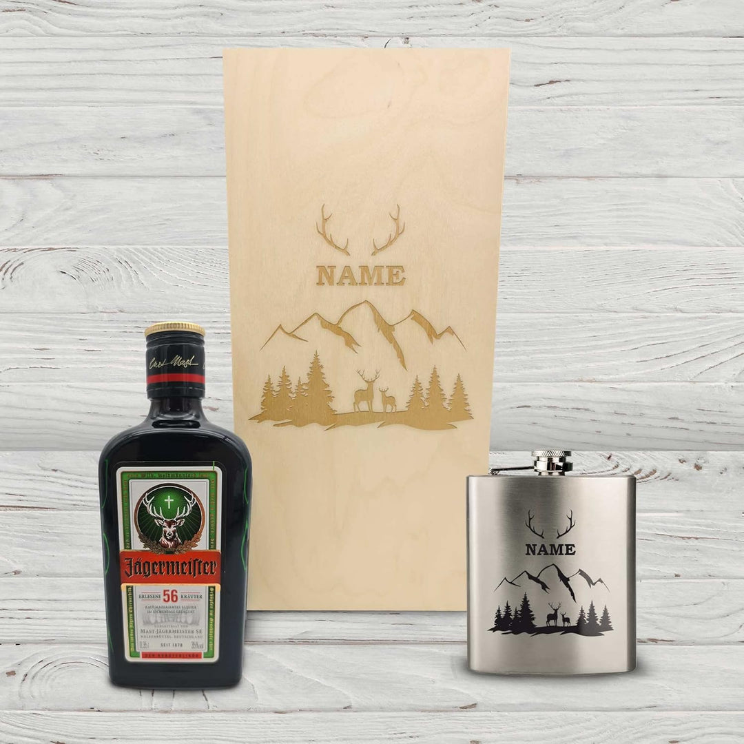 GRAVURZEILE Flachmann Geschenkset - Edelstahl Flachmann 150 ml mit Gravur im Set - inkl. Jägermeiste