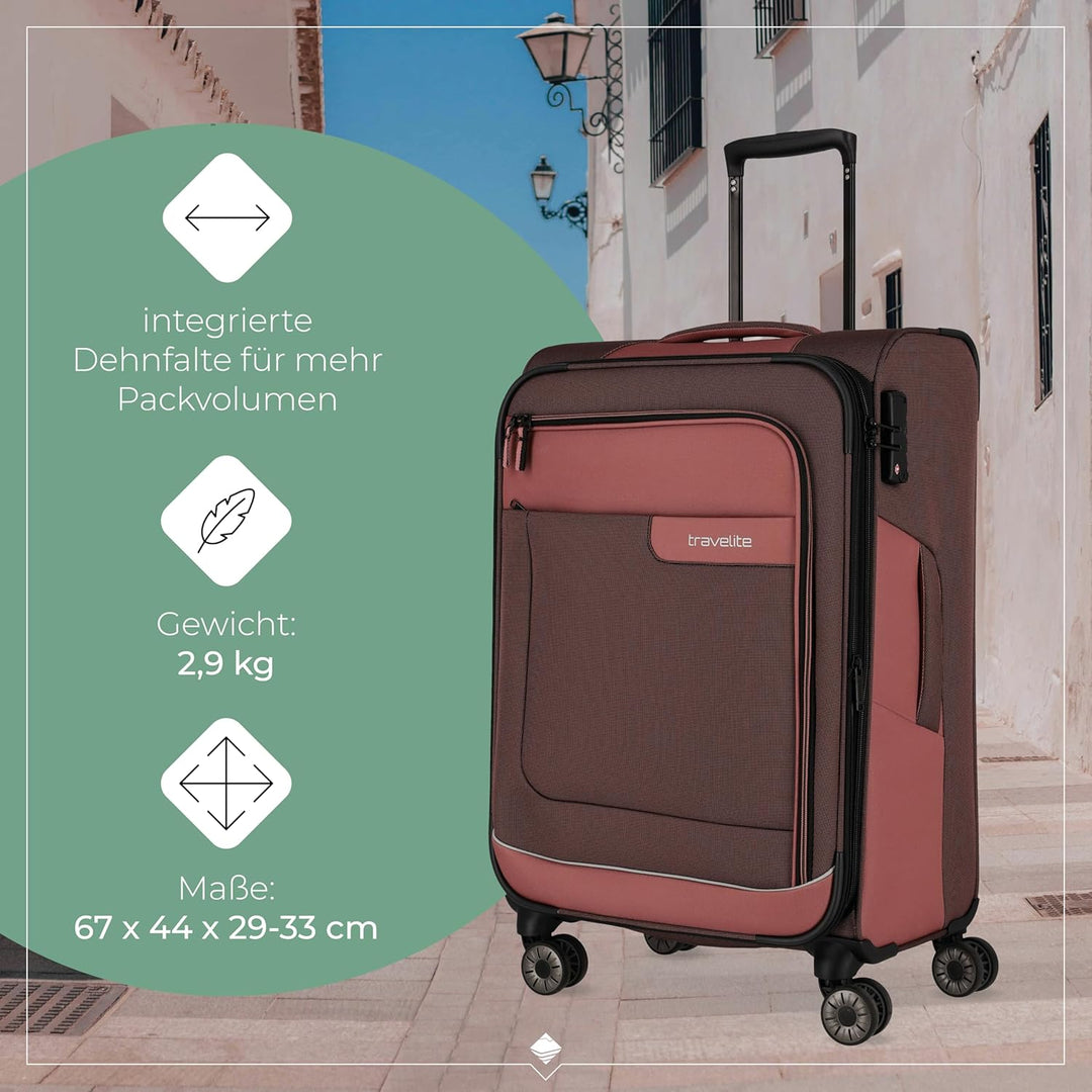 Travelite 4-Rad Koffer Grösse M Weichschale aus recyceltem Material, Gepäck Serie VIIA: Trolley mit