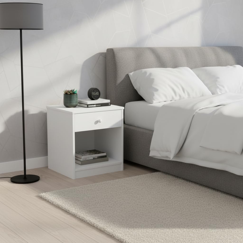 Leomark Nachttisch aus Holz - White Classic - Nachtschränkchen mit Schublade, Nachtschrank für Kinde