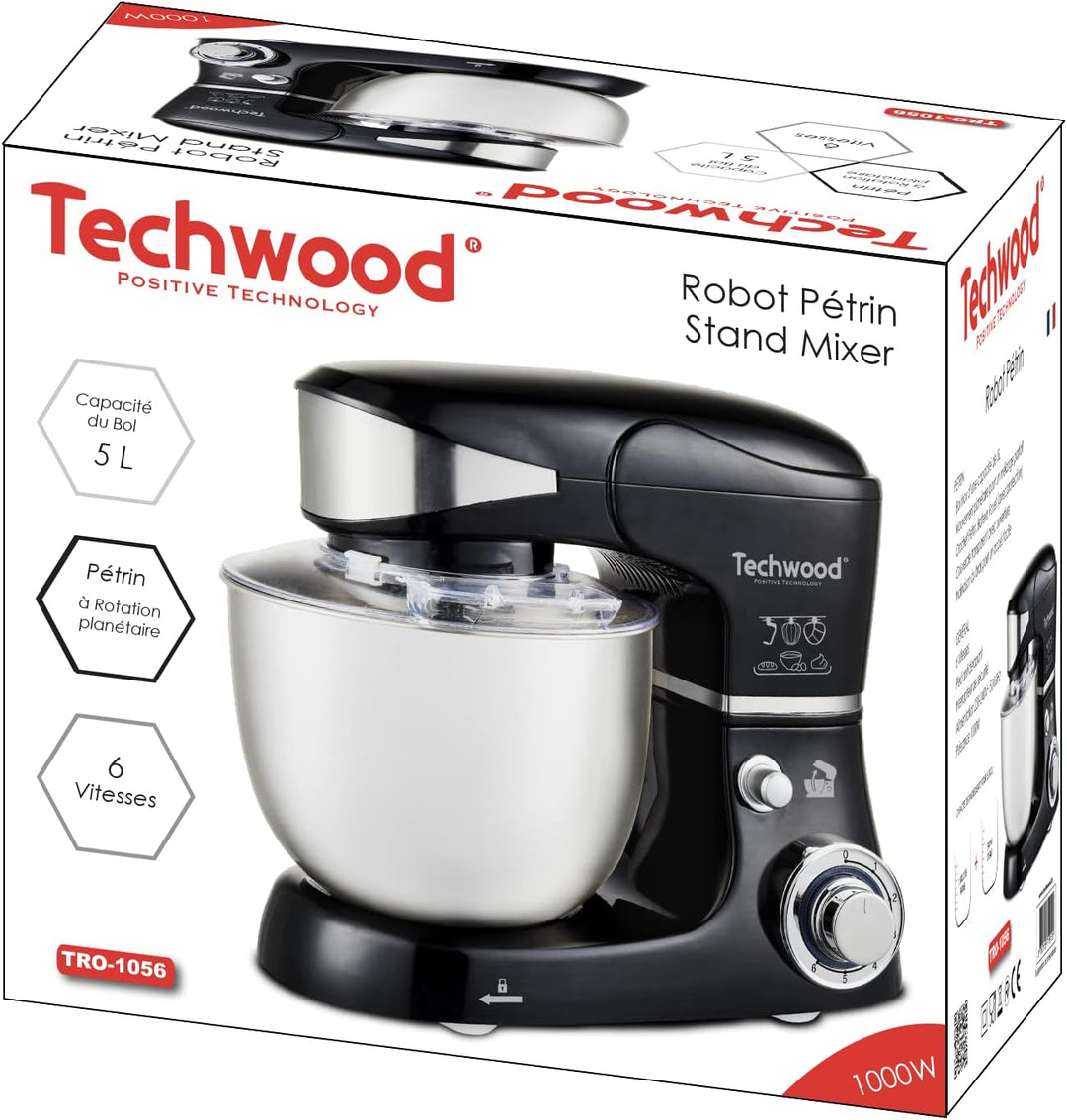 Techwood TRO-1056 Knetmaschine, 5 l, 1000 W, Metall, Schwarz
