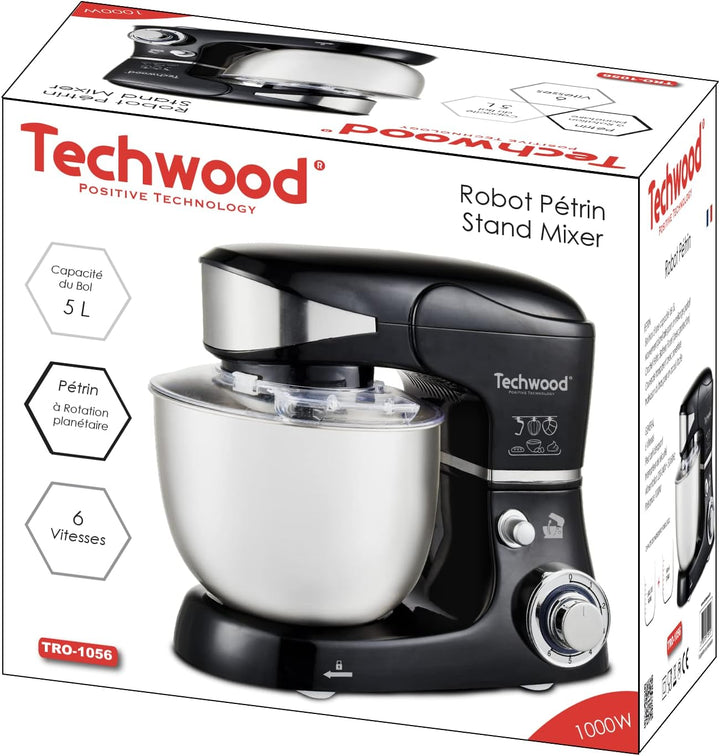 Techwood TRO-1056 Knetmaschine, 5 l, 1000 W, Metall, Schwarz