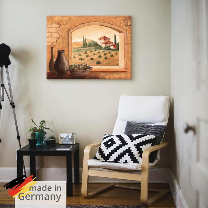 Artland Leinwandbild Wandbild Bild auf Leinwand 80x60 cm Wanddeko Fensterblick Fenster Toskana Lands
