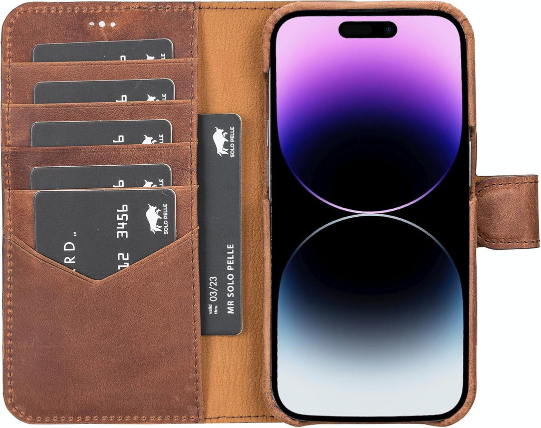 Solo Pelle Lederhülle kompatibel für iPhone 14 Pro in 6.1 Zoll abnehmbare Hülle (2in1) inkl. Kartenf