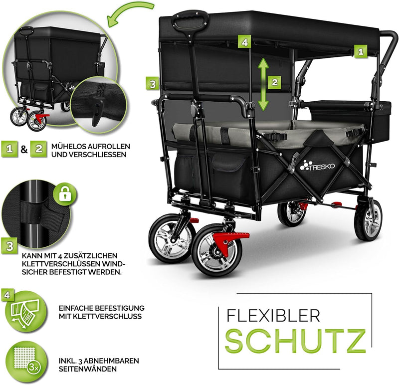 TRESKO® Bollerwagen faltbar mit Dach | Handwagen mit 2x3-Punkt Gurtsystem | Gartenwagen klappbar bis