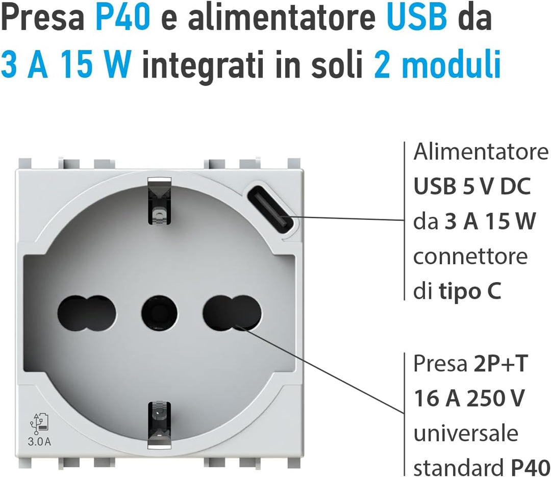 4box, P40 USB 3.0, Schukostecker mit USB-C, kompatibel mit Vimar Plana, Weiss