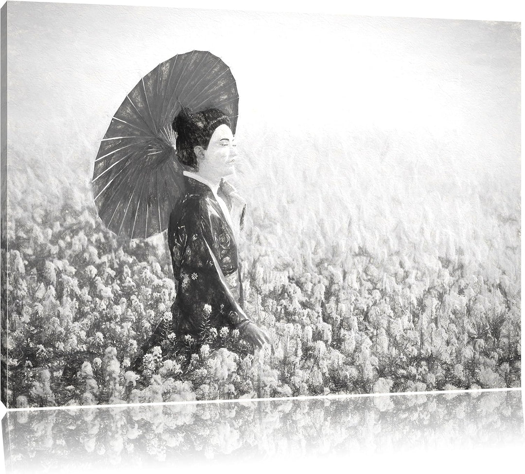 Pixxprint Geisha auf dem Feld Kunst Kohle Effekt, Format: 100x70 auf Leinwand, 100x70