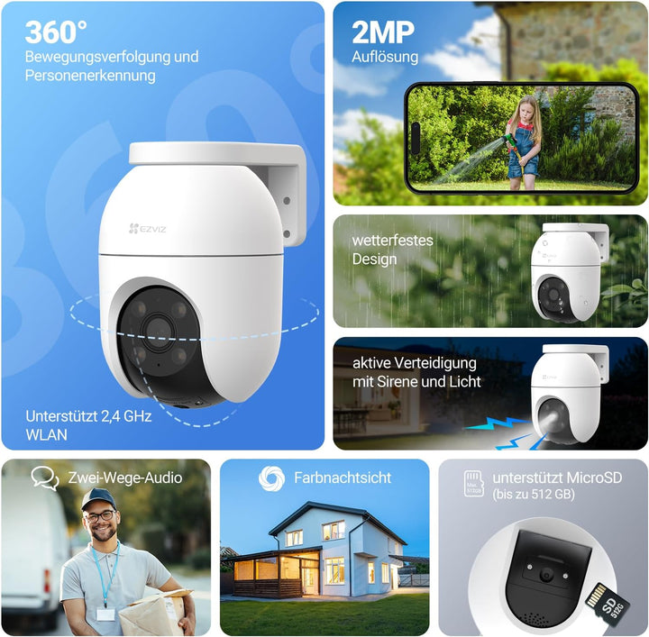 EZVIZ 2MP WLAN Überwachungskamera aussen, Pan&Tilt Kamera mit 2-Wege-Audio, Personenerkennung, autom