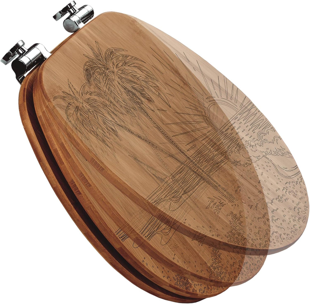 banjado® Hochwertig gravierter Design WC Sitz Bambus Absenkautomatik Palmenstrand/Toilettendeckel mi