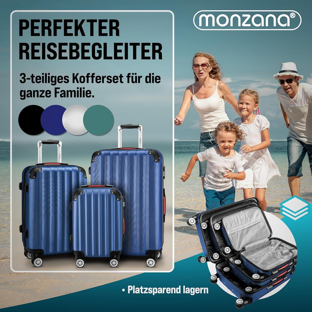 MONZANA® 3tlg. Kofferset Schloss Wäsche Organizer Kofferwaage Gurt Gel-Griffe Zwillingsrollen Standf