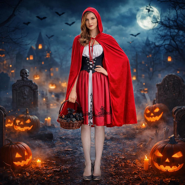 Rotkäppchen Kostüm Damen, Rotkäppchen Umhang mit Kleid und Schwarze Strümpfe, Märchen Kostüm Damen G