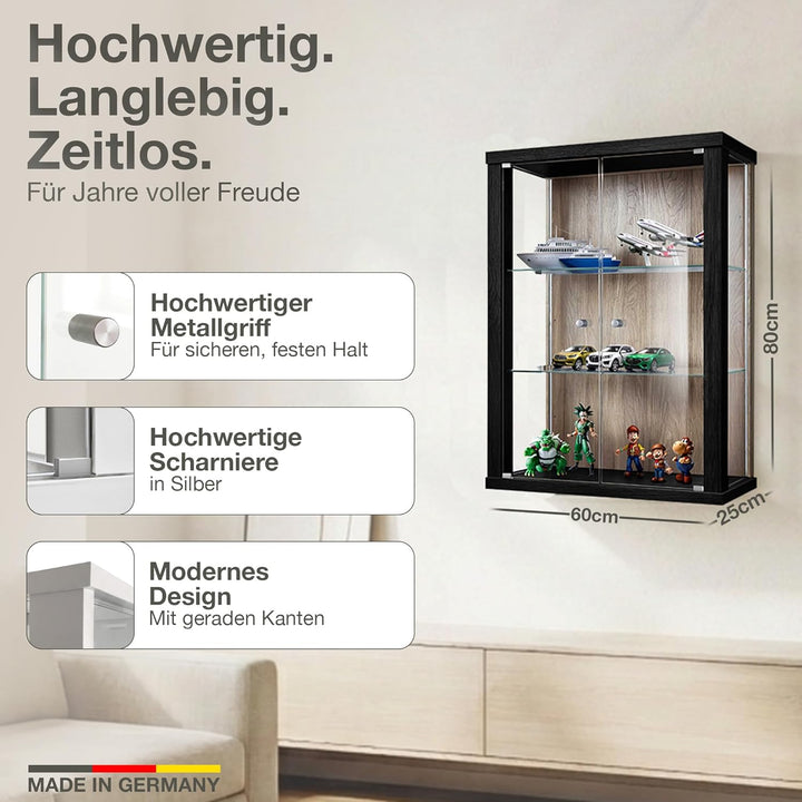 Hängevitrine Glas (80x60x25cm) - Made in Germany - Glasvitrine hängend mit 2 höhenverstellbaren Glas