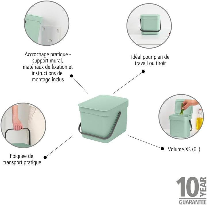 Brabantia - Sort & Go Abfallbehälter 6L - Kleiner Recyclingbehälter - Tragegriff - Pflegeleicht - Fü
