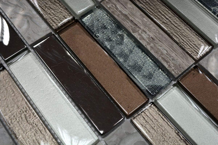 Mosaik Fliese hellbraun silber grau Riemchen Glasmosaik Crystal Stein für WAND BAD DUSCHE KÜCHE FLIE