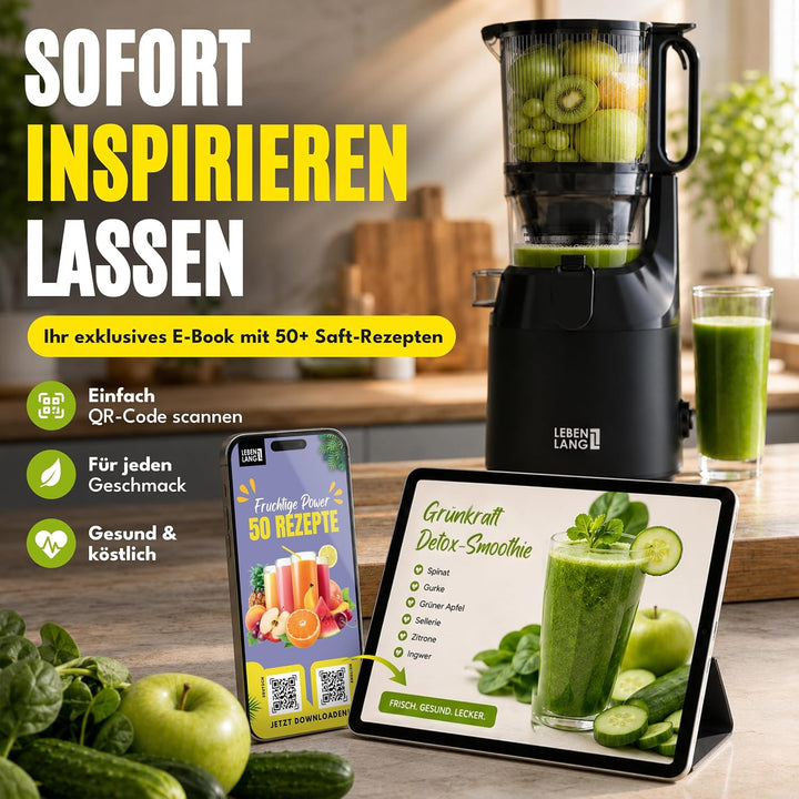 LEBENLANG Entsafter Slow Juicer - Inkl. Rezeptbuch &amp; Grosse 130mm Öffnung I Perfekt für Obst ganze F
