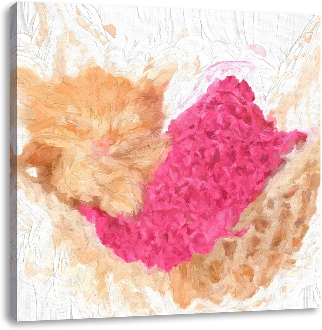 Pixxprint Schlafendes Katzenbaby in Hängematte Pinsel Effekt, Format: 70x70 auf Leinwand, 70x70