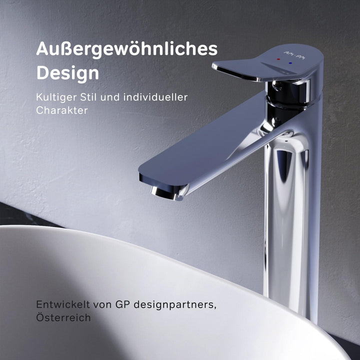 AM.PM Waschtischarmatur Hoch für Aufsatzwaschbecken mit Klick- Ablaufgarnitur, Chrom (X-Joy FXA92200