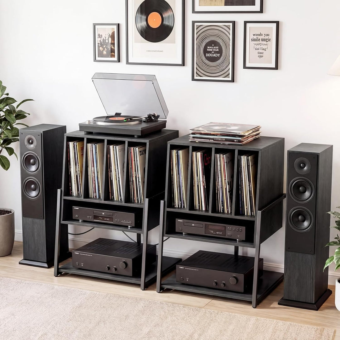 COSTWAY Plattenspielerständer, Vinyl Schallplattentisch mit integrierter Ladestation, breite Tischpl