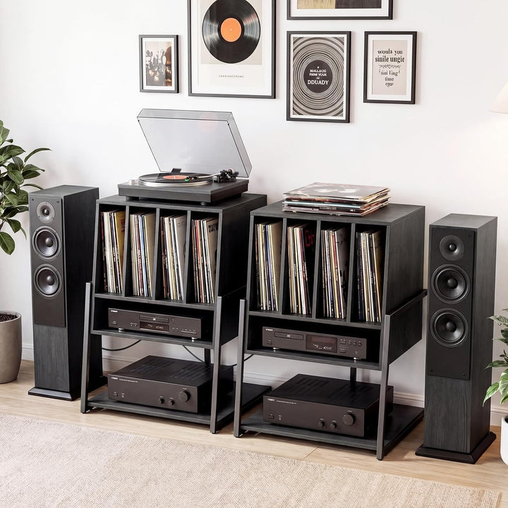 COSTWAY Plattenspielerständer, Vinyl Schallplattentisch mit integrierter Ladestation, breite Tischpl