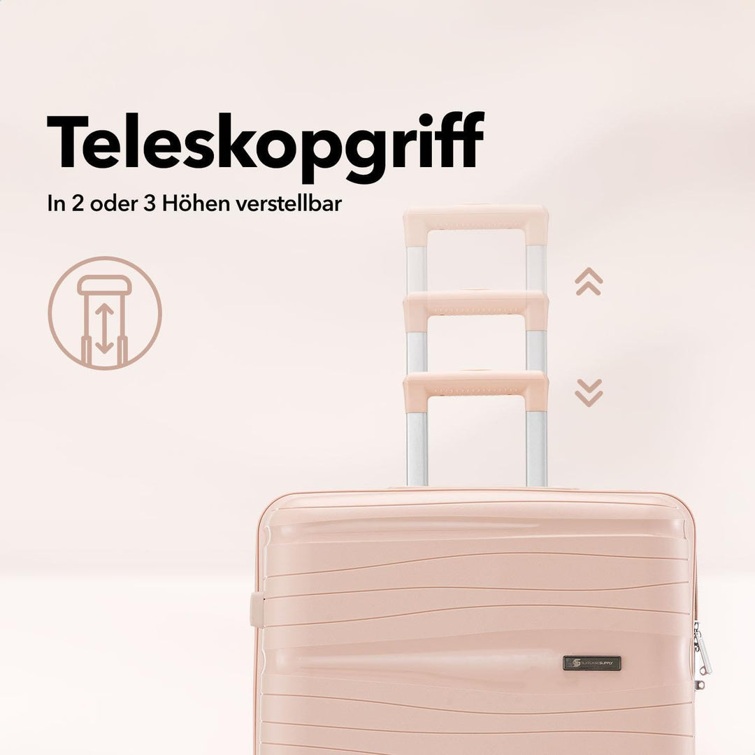 Travel One Kofferset 4-teilig – Hellrosa – Hartschalen Trolley-Set 32/60/98L, Zahlenschloss & 360° R