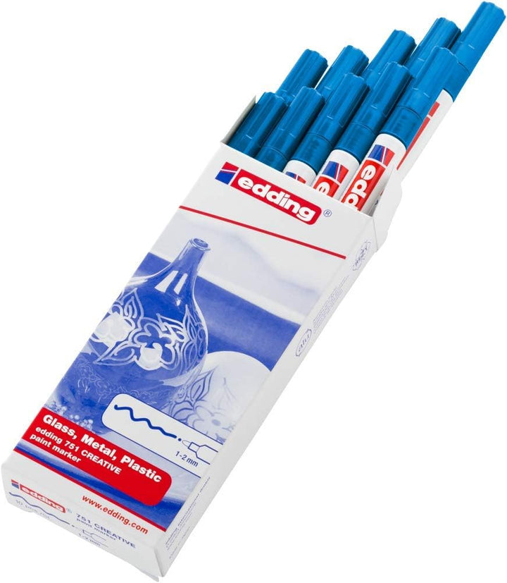 edding 751 Glanzlackmarker - blau - 10 Lackmarker - Rundspitze 1-2 mm - Lackstift für Glas, Stein, H