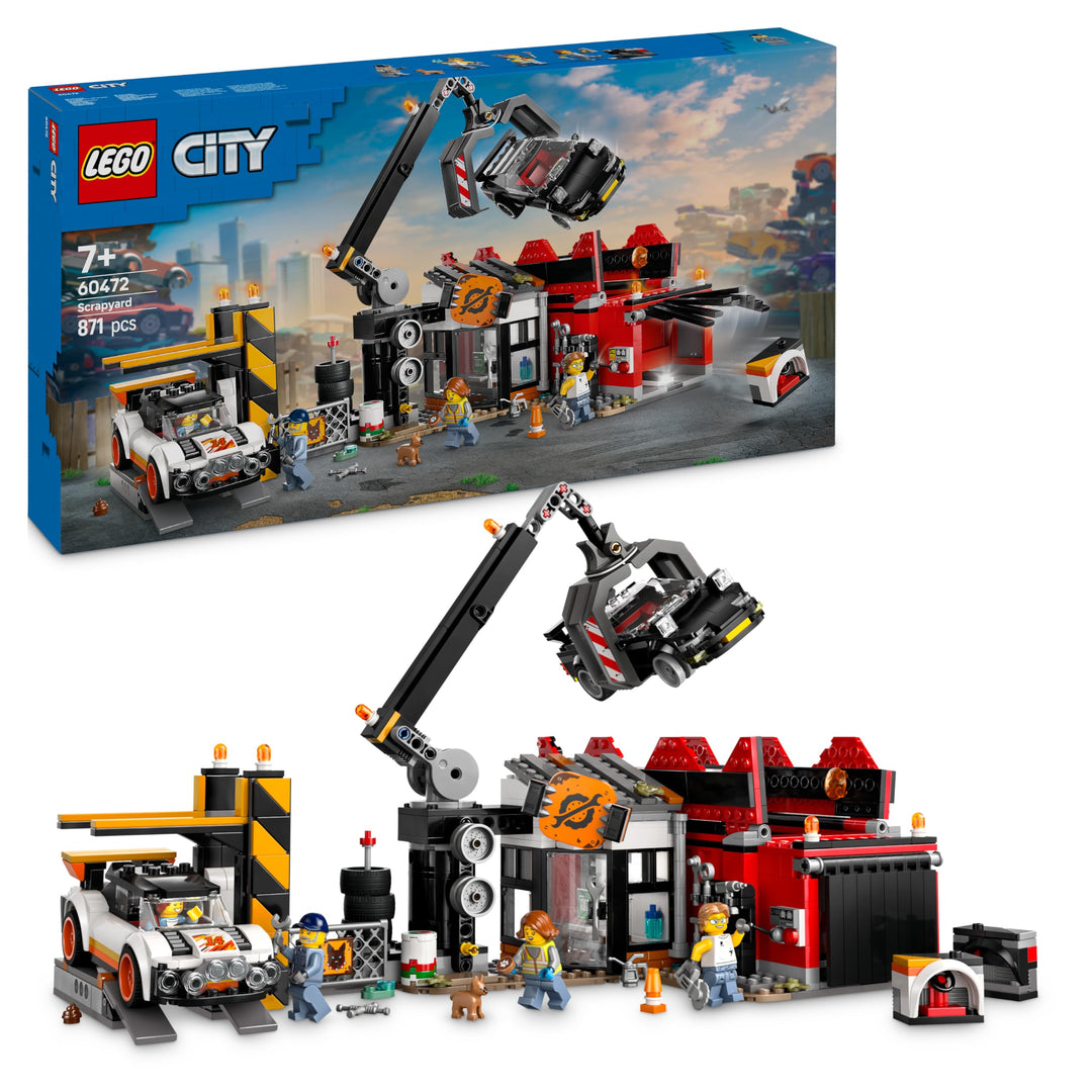 LEGO City Schrottplatz mit Autos - Spielzeug mit Schrottpresse und Kran, 2 Spielzeugautos, 4 Arbeite