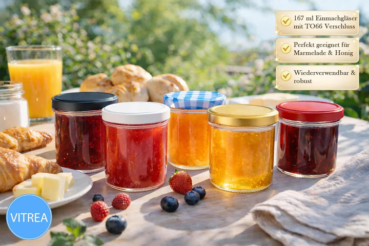 Vitrea 100x Marmeladengläser 167 ml - mit Deckel Obst TO 66 - Einmachgläser zum befüllen mit Schraub