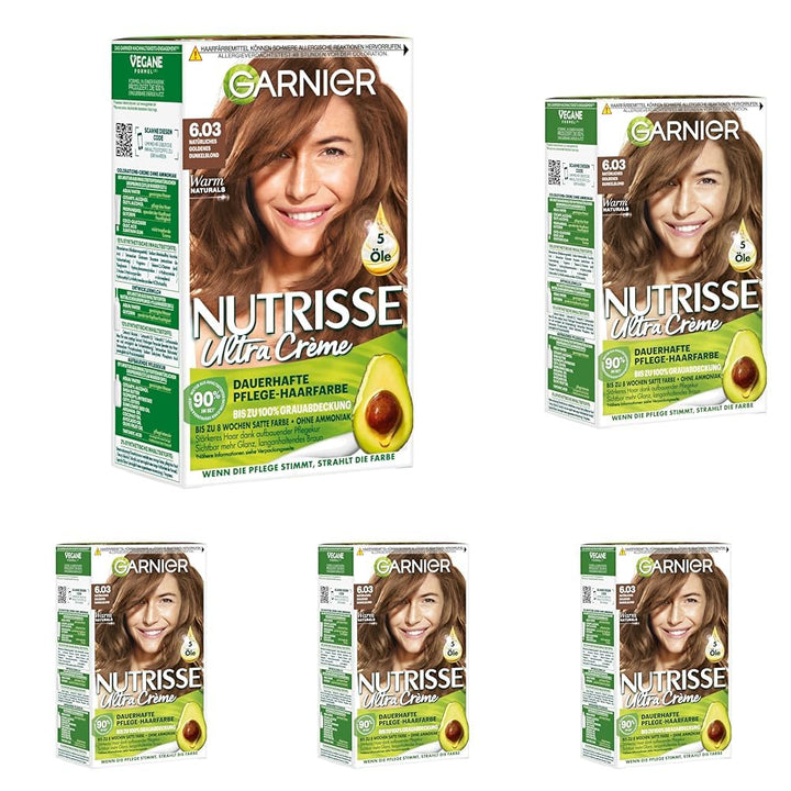 Garnier Nutrisse Ultra Creme Dauerhafte Pflege-Haarfarbe 6.03 Natürliches Goldenes Dunkelblond mit b