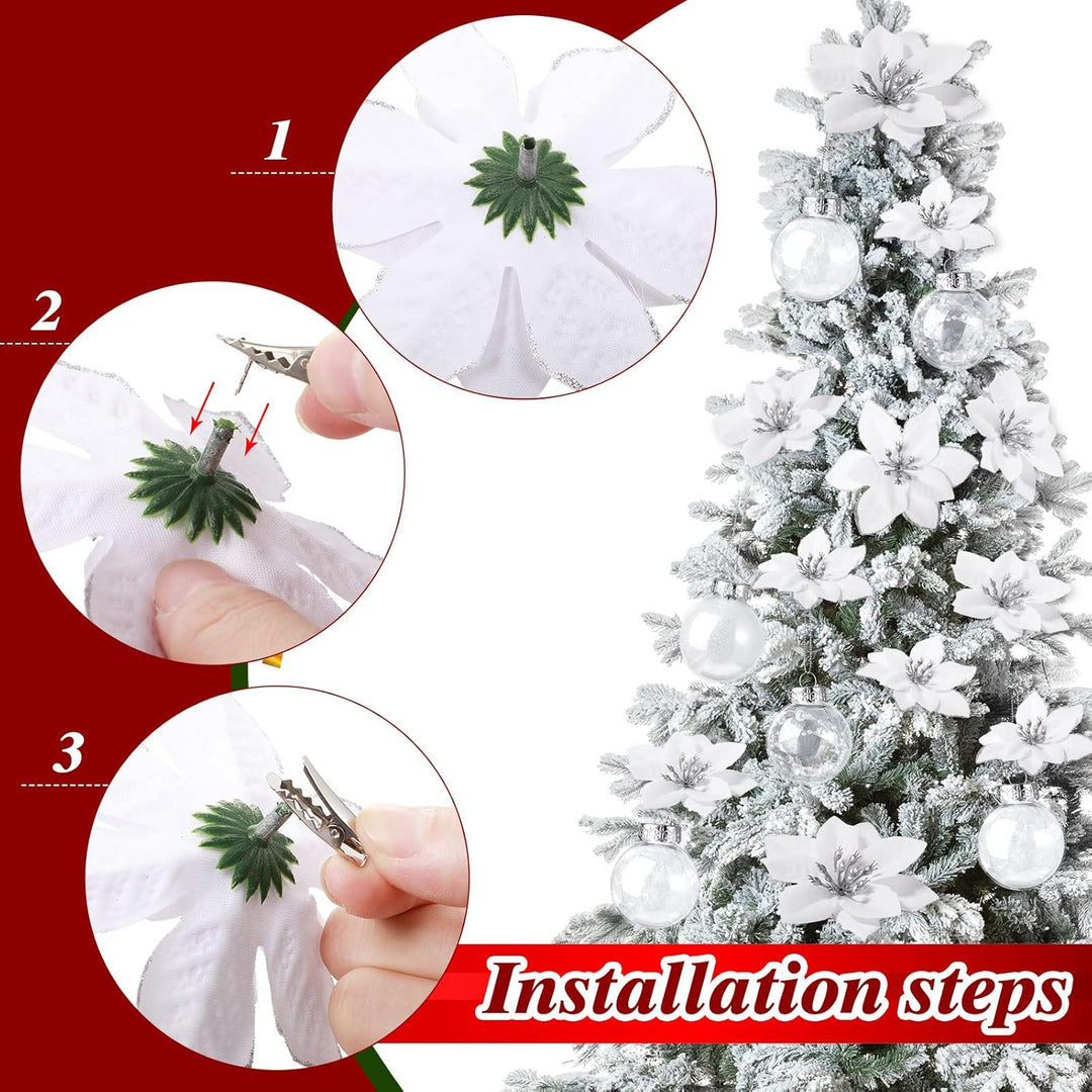49 Stück Weihnachtsbaum Deko Set mit Weihnachtsbaumspitze 24 Stück Glitzer Weihnachten Blumen in 3 G