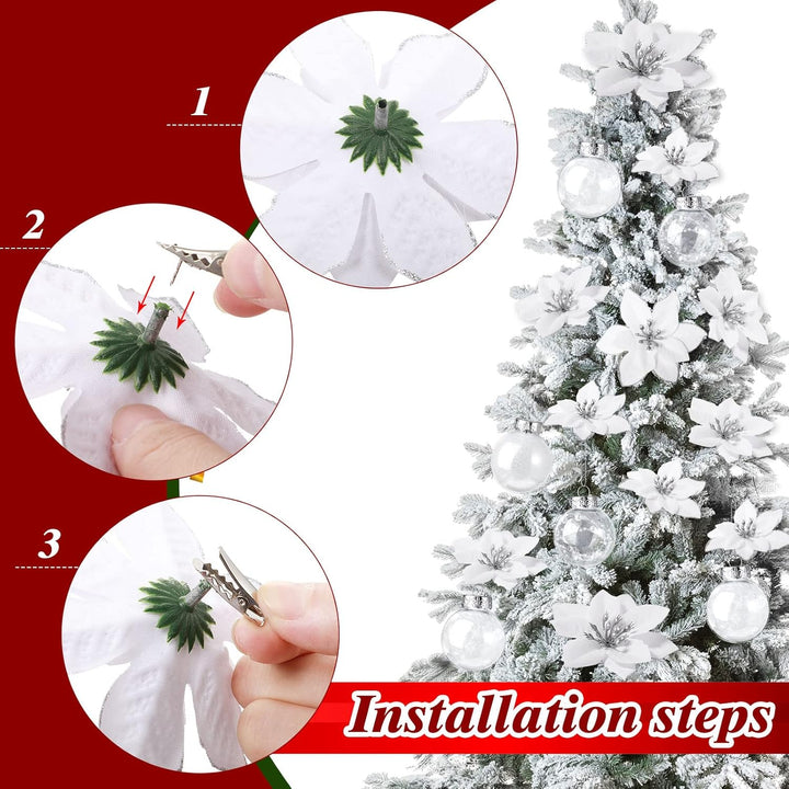 49 Stück Weihnachtsbaum Deko Set mit Weihnachtsbaumspitze 24 Stück Glitzer Weihnachten Blumen in 3 G