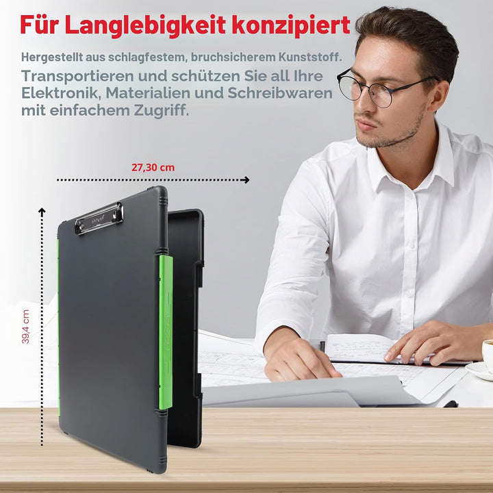 Dexas XL Slimcase 2 Klemmbrett zur Aufbewahrung, legale Grösse, Kunststoff, Grau mit grünem Clip, 15