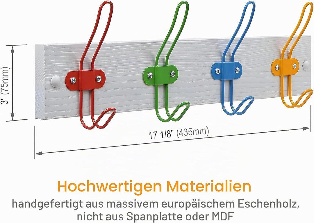 Kleiderhaken - Mattweiss - 4 Metallhaken - 43,5x7,5 cm - Kinderzimmer Garderobe mit Farbigen Haken -