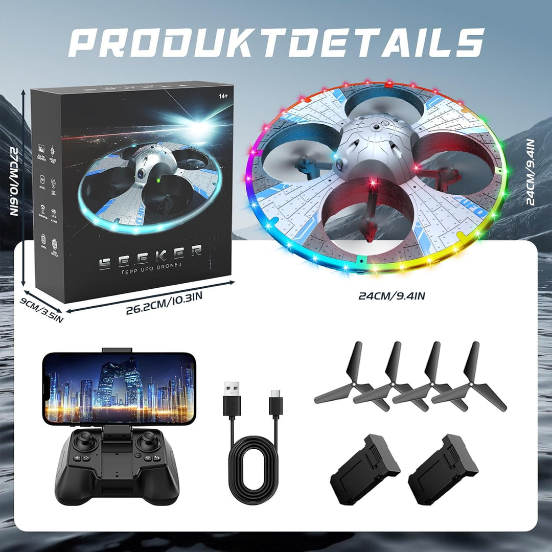 UFO Drohne mit Kamera, Drohne für Kinder und Anfänger mit Bunten LED-Lichtern, Kinder Quadrocopter F