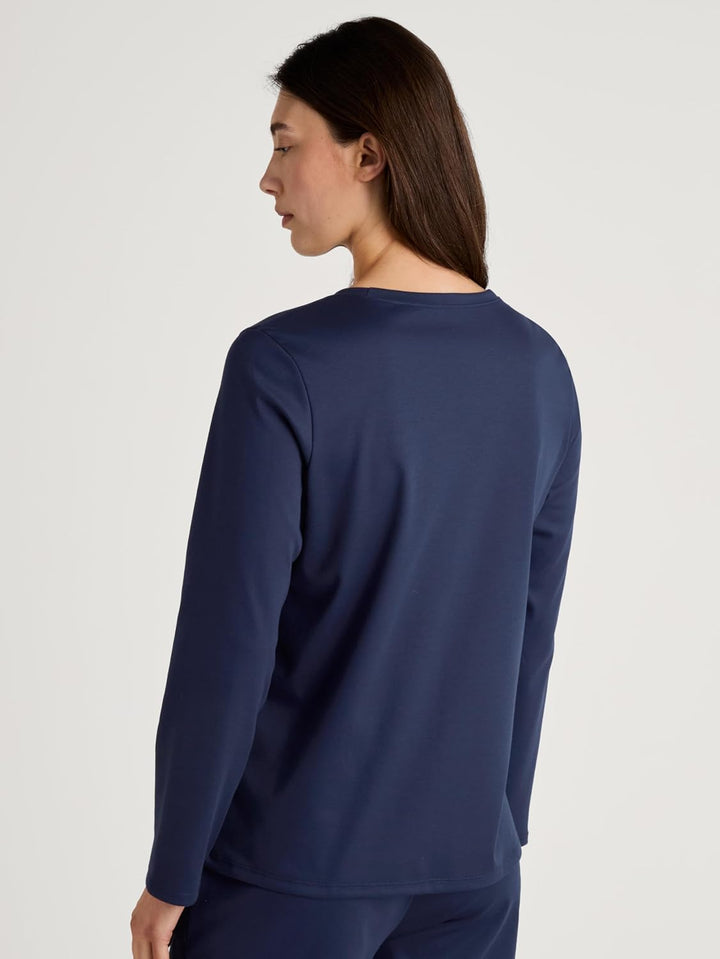 CALIDA Favourites Langarmshirt, V-Neck Damen, aus 100% Supima-Baumwolle, Peacoat Blue