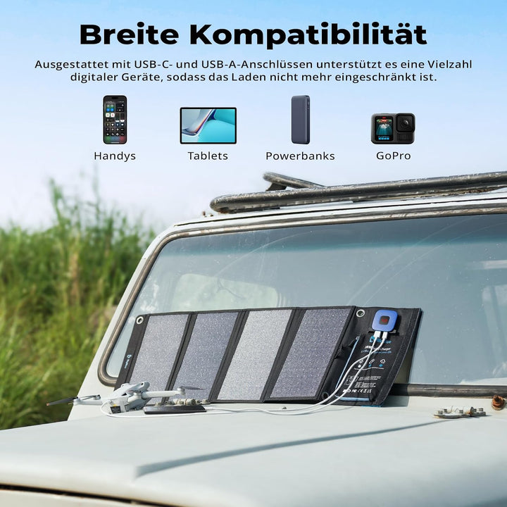 BigBlue 28W Tragbar Solar Ladegerät 2-Port USB(5V/4A insgesamt), IPX4, Solarpanel mit Digital Ampere